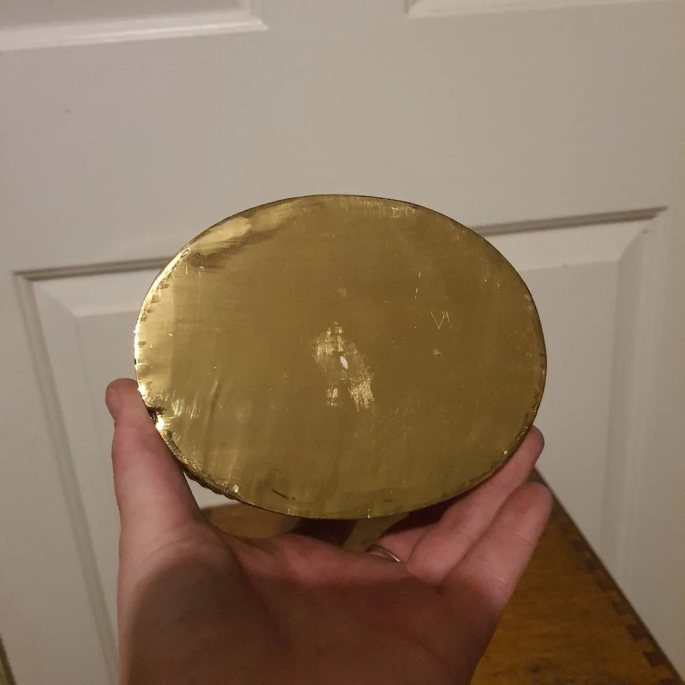 Vintage Oval Shape Hinged Lid Gold Tone Tin Trinket Box Braided Rim Detail *